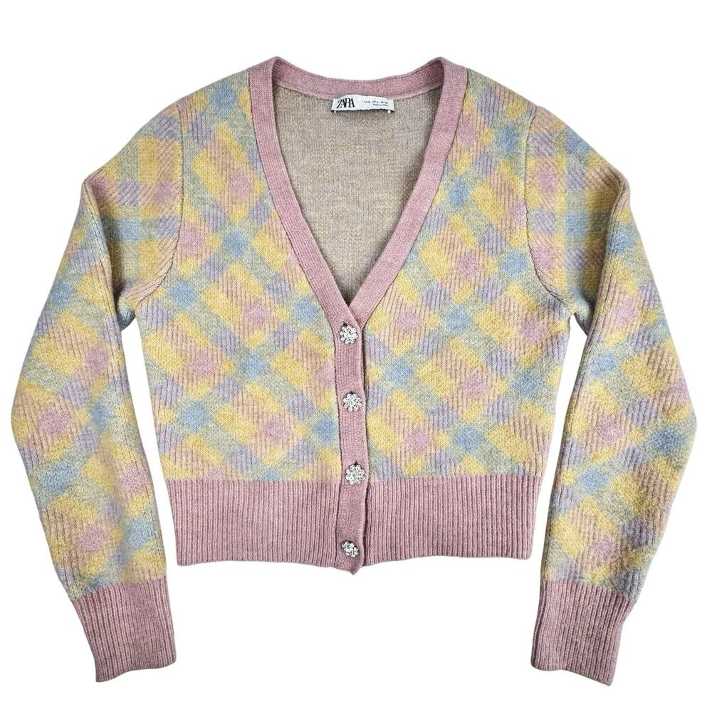 Zara Pastel Argyle Cardigan Womens S Rhinestone Button Preppy Soft Girl Academia - Picture 2 of 13